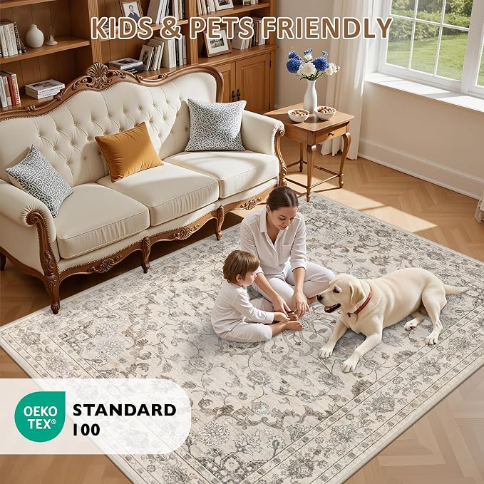 4x6 Area Rugs Living Room: Washable Rug for Bedroom Brown Beige | Boho No Slip Stain Resistant Rug Soft Indoor Decor Floor Floral 4x6 Area Rugs for Dining Room, Nursery, Hallway, Home Office