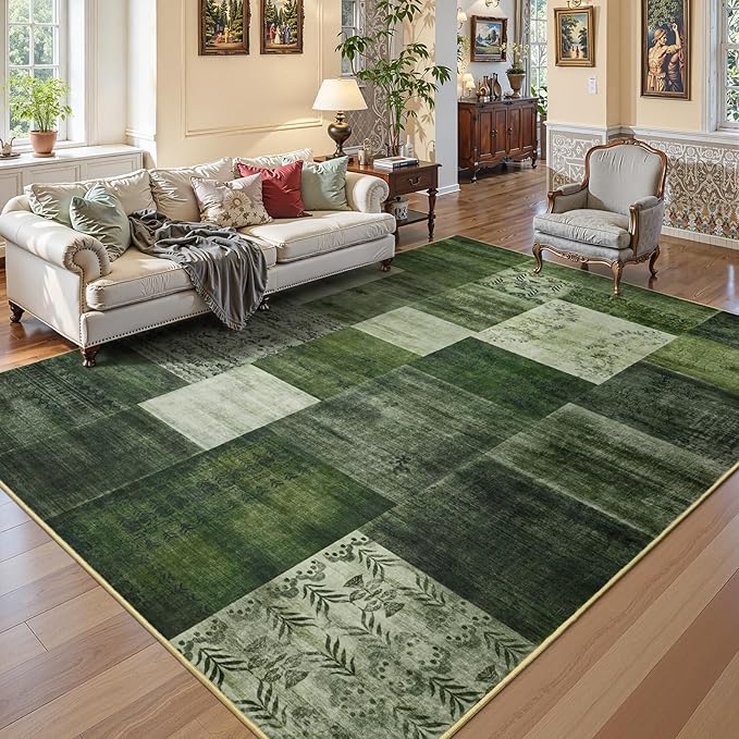 Washable Area Rugs 8x10 for Living Room, Large Modern Geometric Green Soft Patchwork Carpet, Non-Slip Stain Resistant Throw Rug for Bedroom Dining Room Office Home Decor