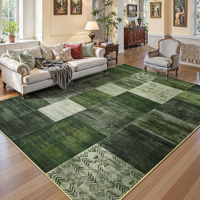 Washable Area Rugs 6x9 for Living Room, Large Modern Geometric Green Soft Patchwork Carpet, Non-Slip Stain Resistant Throw Rug for Bedroom Dining Room Office Home Decor