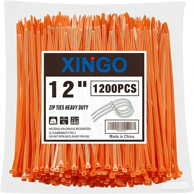 XINGO 12 Inch Orange Zip Ties 1200 PCS, 75 LBS Ultra Strong Tensile Strength, UV Resistant Cable Ties, Self-locking Plastic Ties for Indoor and Outdoor Use