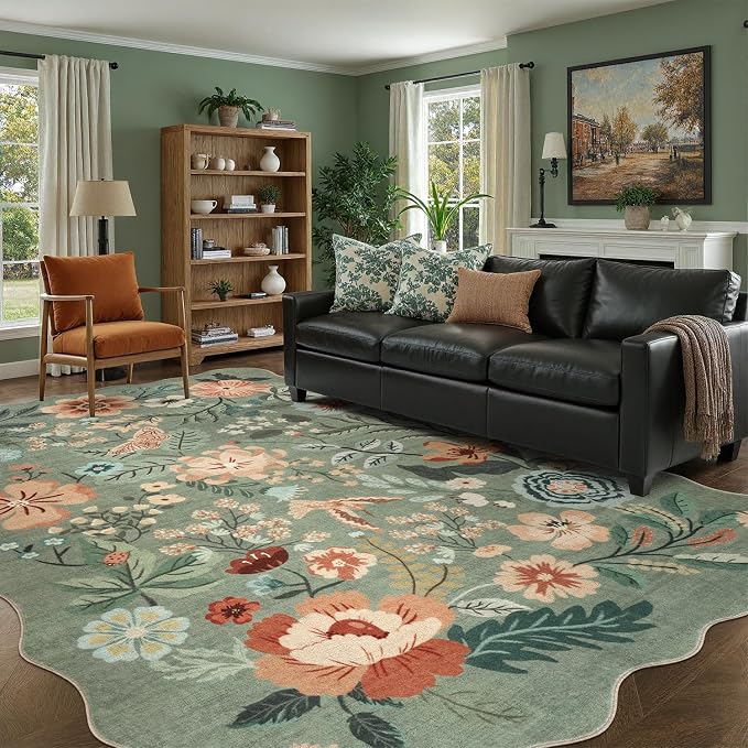 DCX Vintage Floral Washable Area Rug 8x10, Non Slip Low Pile Rug, Sage Green