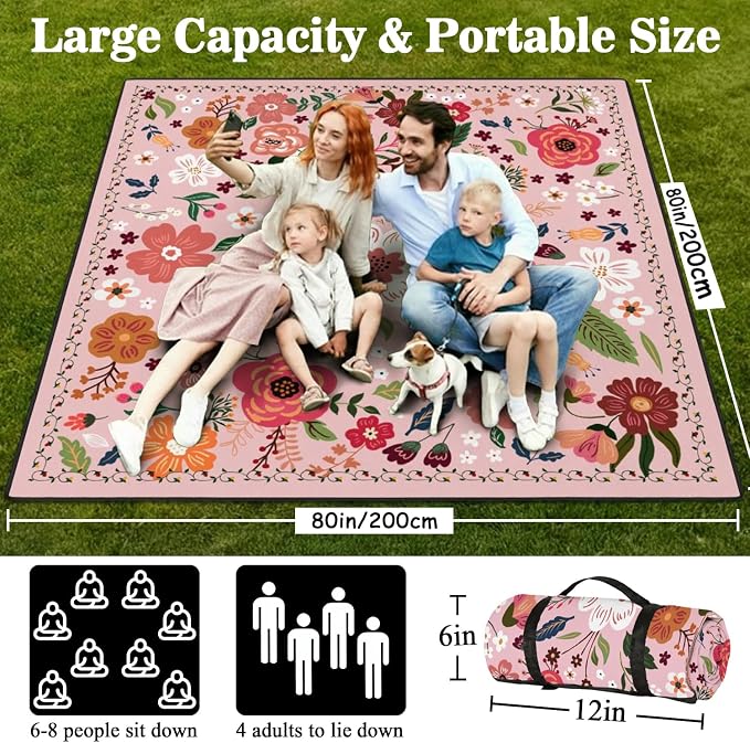 Picnic Blankets Waterproof Foldable Extra Large,80"x 80" Outdoor Beach Blanket Sandproof,3-Layer Lightweight Handy Mat Tote Picnic Camping Rugs for Outside Your Rv (Boho Vintage Floral Pink)