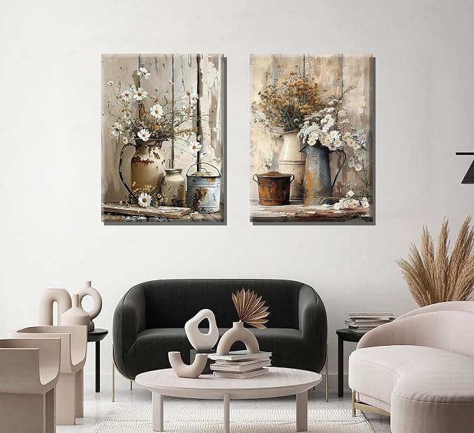 Rustic Farmhouse Daisy Canvas Wall Art Vintage Country Floral Posters Print Flower Still Life Botanical Pictures Painting White Jasmine Flowers And Rust Color Watering Can Wall Decor Unramed