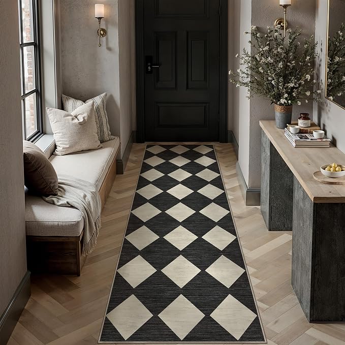Black 2'6x10 Washable Runner Rug Kitchen Non Slip Checkered Carpet | Soft, Low Pile, Easy Clean, Diamond Pattern, for Hallway, Entryway, Laundry Room, Bathroom, Modern Indoor Decor