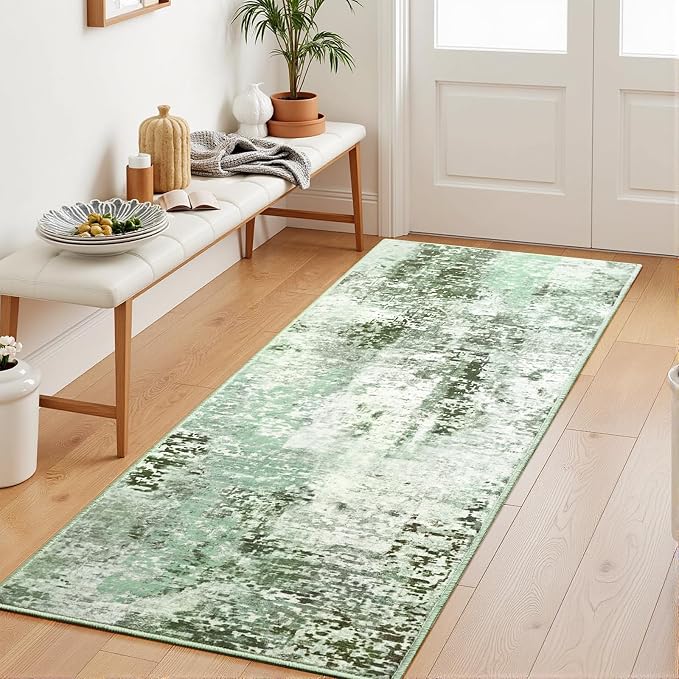 Green Washable Runner Rug for Bedroom, Abstract Non-Slip Soft Entryway Rugs, Modern Low Pile Stain Resistant 2x6 Carpet for Entryway, Kitchen, Hallway, Bedside