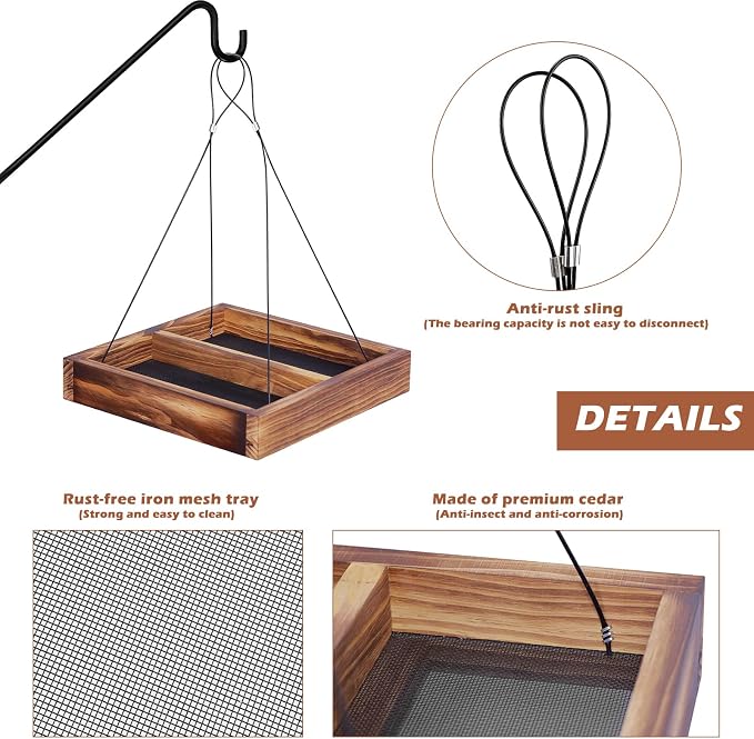 MIXXIDEA Bird Feeder Hanging Tray, Wooden Platform Hummingbird Feeder Mesh Seed Platform for Garden Yard Outside Decoration Attracting Wild Birds (Brown)