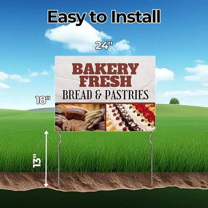 Bakery Fresh - Pastries & Bread! Yard Sign by DC | 24"x18" Double Sided Conv. Store Garden Sign with 13” Metal Stakes | Outdoor Signs Waterproof for Lawn, Patio, Sidewalk & House | Set of 4