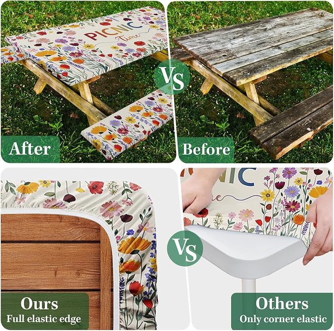 Picnic Table Cover with Bench Covers Elastic Edges, Wildflower Boho Camper Fitted Table Cover, Outdoor Camping Essentials 72 Inch 3PCS, Waterproof Camping Fitted Tablecloth with Drawstring Bag
