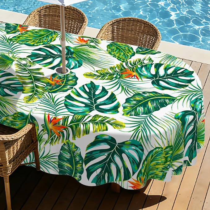 Green Leaves Outdoor Oval Tablecloth with Umbrella Hole 60" x 84" Waterproof Zipper Table Cloth for Patio Table - Ideal Tablecloths for Picnics, Camping, and Yard Use