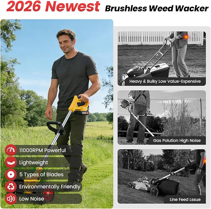 24V Cordless Weed Wacker with 2×2000mAh Batteries & Fast Charger, 3-in-1 Lightweight Brush Cutter/Lawn Edger/Grass Trimmer, 5 Types Blades & Wheels for Yard Garden Maintenance