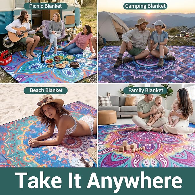 80x80" Extra Large Picnic Blankets Waterproof Sandproof Couple Outdoor Beach Blanket Foldable Grass Park Lawn Concert Mat Summer Camping Essentials Rv Travel Vacation Accessories Festival Gift