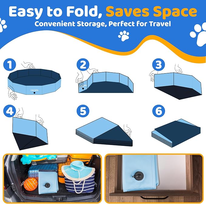 CACSPS 48" x 12" Foldable Dog Pool - Collapsible Hard Plastic Kiddie Pool for Dogs & Kids, Non-Slip Pet Bath Tub for Outdoor Backyard Use, Lightweight & Portable (Blue)