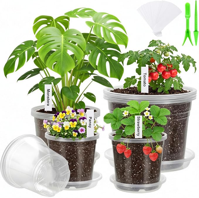 5/6/7/10 Inch Large Clear Nursery Pots with Drainage and Saucers - 16 Pack Plastic Plant Pots with Garden Tools & Labels, Seedling Pots for Transplanting Succulents Flowers Herb Vegetables