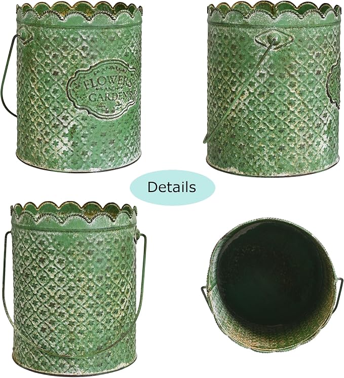 Set of 3 Vintage Distressed Metal Planter Rustic "Flowers and Garden" Embossed Flower Pots with Scalloped Edge & Handle Farmhouse Decorative Floral Buckets for Dried Flowers, Home Garden Decor (Green)