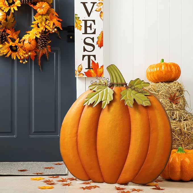 Glitzhome 37.5"H Fall Decorative Yard Signs with Stakes, Oversized Metal Pumpkin Garden Yard Stake for Home Lawn Yard Pathway Front Door Fall Harvest Thanksgiving Wall Hanging Decor