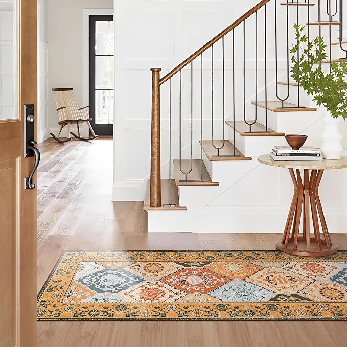 Phantoscope Washable Runner Rug 2'x10' Non-Slip, Vintage Boho Hallway Rugs for Entryway, Stair, Bedroom, Distressed Moroccan Mosaic Diamond Pattern, Low-Pile Foldable Floor Carpet, Terracotta/Rust