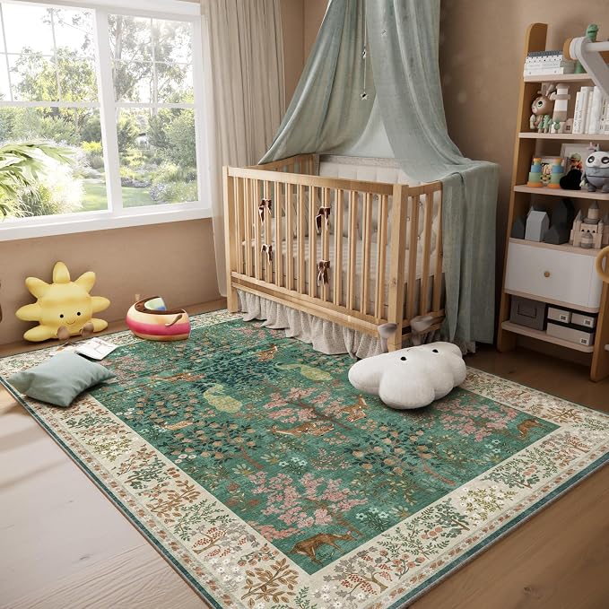 Machine Washable Rugs for Living Room: 9x12 Bedroom Rug Vintage Area Rug Stain Resistant Non Slip Low Pile Lightweight Soft Carpets for Living Room Dining Room Kitchen Nursery Kids Room Farmhouse