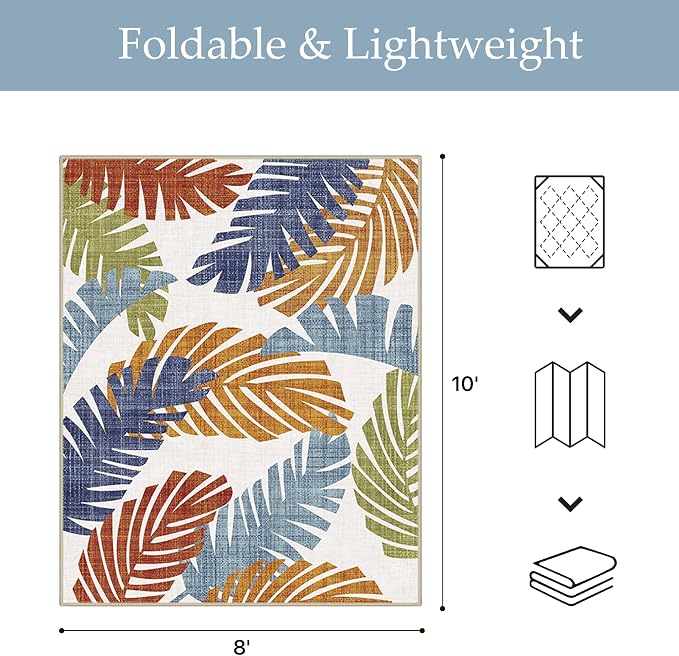 GENIMO Outdoor & Indoor Area Rug 8'x10', Waterproof, Non-Shedding, Easy Cleaning, Leaf Mat for Patio, Living Room, Balcony, Dining Room, RV, Deck, Bedroom, Camping, Outside Carpet, Tropical Rust