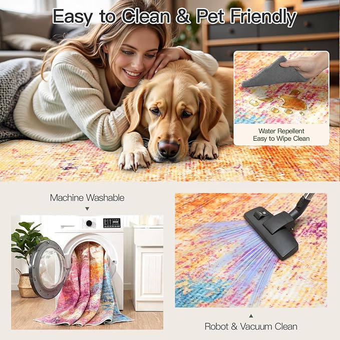 9x12 Area Rug for Living Room, Abstract Washable Large Rugs, Multicolor | Neutral Modern Carpet for Bedroom, Dining Room, Home Office Nursery Indoor, Stain Resistant, Low Pile, Non-Shedding Rug