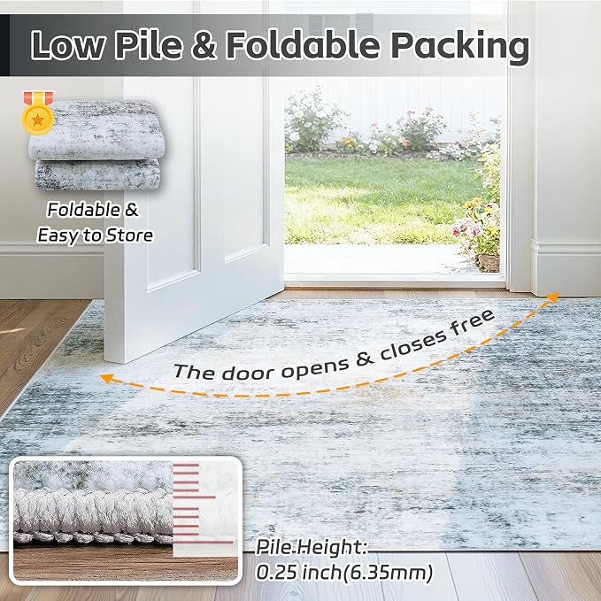 10x12 Washable Area Rug for Living Room Bedroom: Non-Slip Modern Blue Grey | Machine Washable TPR Backing, Stain-Resistant Low Pile, Pet & Kid Friendly, Abstract Decor for Dining Room, Dorm, Home Office