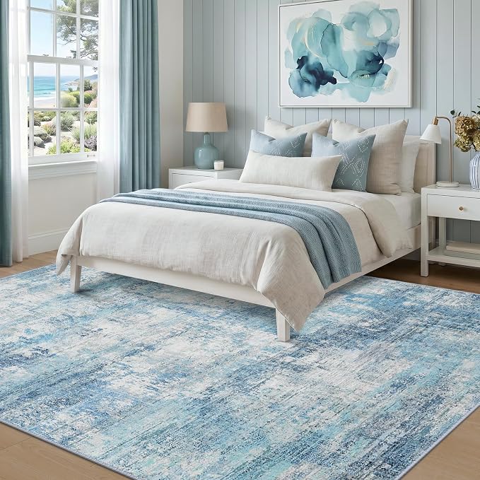 RELEANY Washable 6'x9' Abstract Area Rug for Living Room Teal Blue | Carpet for Bedroom, Kitchen, Office, Hallway and Entryway, Printed Pattern, Non‑Slip, Soft, Stain‑Resistant, Easy to Clean