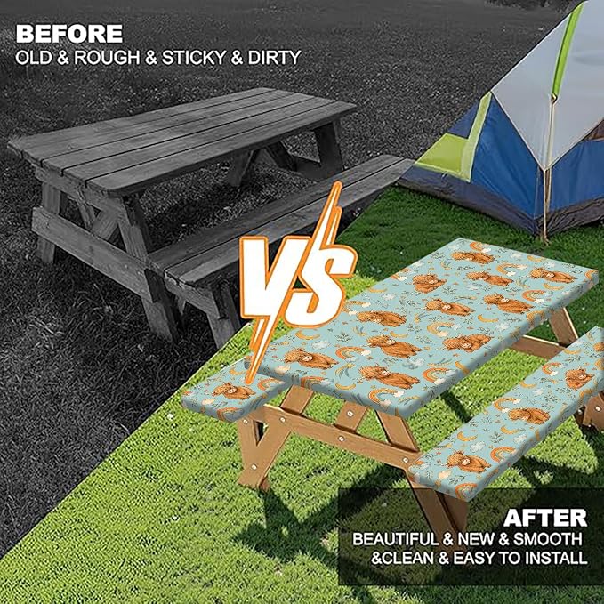 Picnic Table Cover with Bench Covers and Bag, Cute Cow Camping Essentials Waterproof Windproof, Fitted Tablecloth Cover with Elastic Edge, for Indoor & Outdoor, Camping, 3 Pieces Set, 30x96 IN