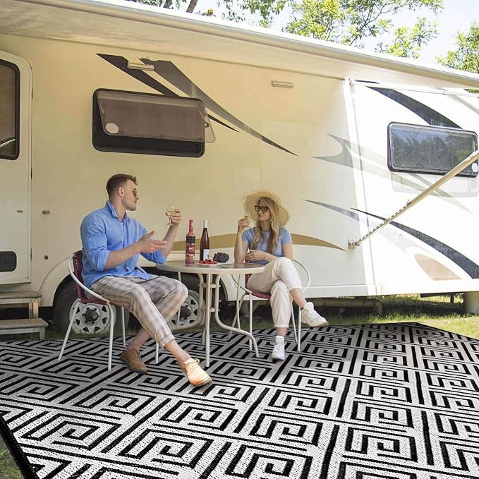 Outdoor Patio Plastic Straw Rug - 8x10 ft Outdoor Camping Rug Waterproof Reversible, Area Carpet Patios RV, Outside Porch Balcony Deck for Camper, Stripe White Black