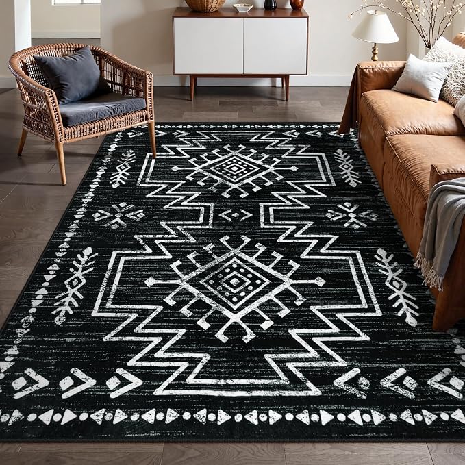 Lahome Washable Living Room Rugs 8x10, Western Black and White Bedroom Rug | Low Pile Boho Distressed Aztec Floor Carpet for Dining Room, Soft Stain Resistant Large Moroccan Carpets