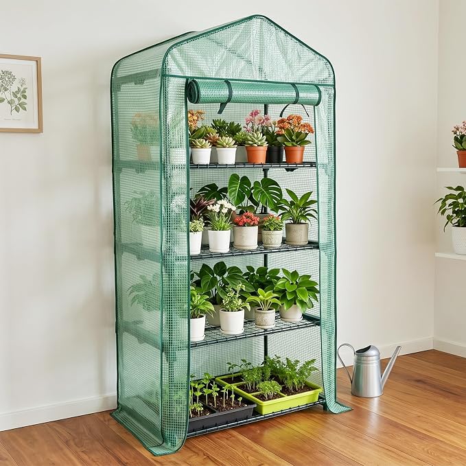 Worth Garden 4 Tier Mini Greenhouse - 63'' H x 27'' L x 19'' W - Sturdy Portable Gardening Shelves with Durable PE Cover w/ Roll-Up Zipper Door- Small Green House Indoor & Outdoor for Plants Flowers