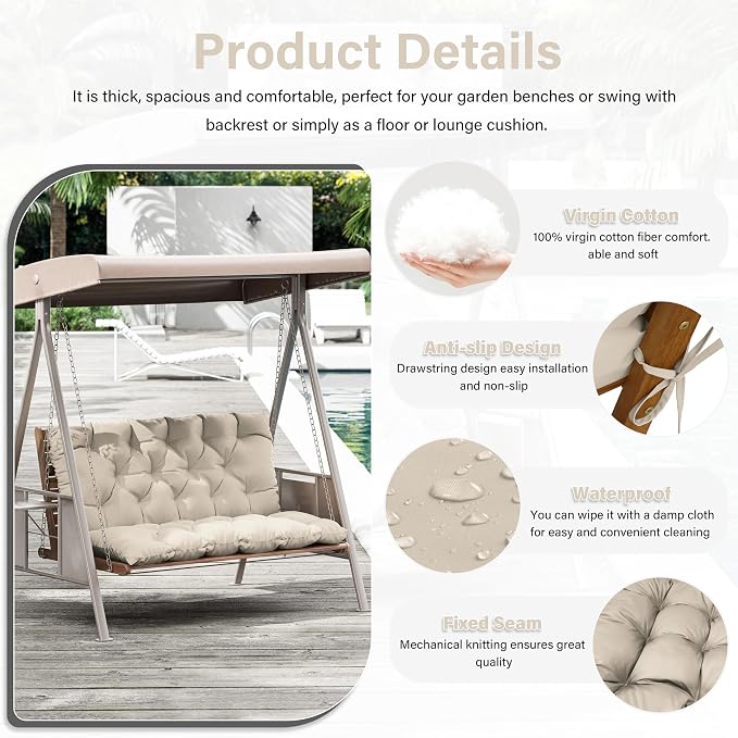 Porch Swing Cushion with Backrest,Waterproof Bench Cushion for Outdoor Furniture,2-3 Seater Replacement Thickened 5 in swing cushion,with Ties,Patio,Outdoor,Backyard and Cream (Cream,47x40 in)