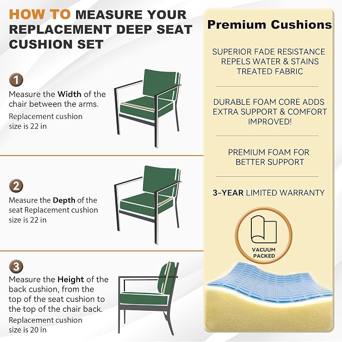Deep Seat Patio Cushions Set 22 x 22 Inch,Olefin Fabric Outdoor Seat Cushion,Patio Furniture Cushions with Removable Cover,Rain-Proof and Fade Resistant Deep Seat Bottom & Back Cushion,1set