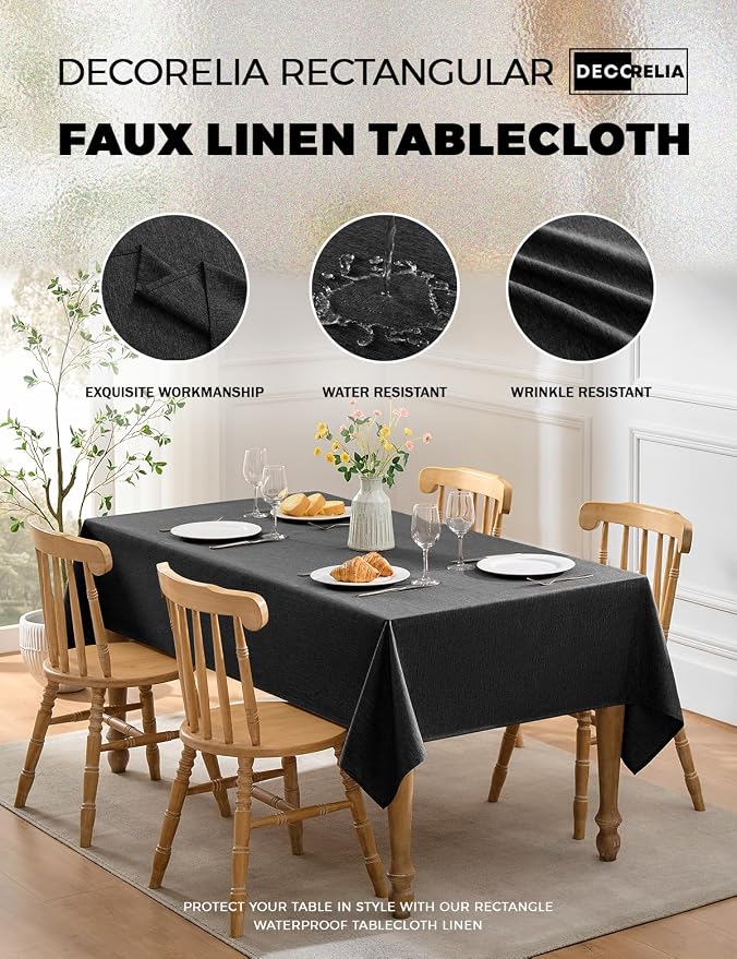 Decorelia Black Extra Long Cloth Tablecloths for Rectangle Tables,Waterproof Reusable Dinning Table Cover Protector for Banquet, Party, Camping and Wedding(Oblong, 60 x 120 Inch (10-12 Seats), Black)