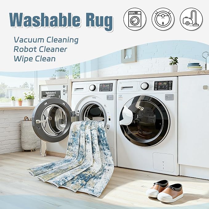 10x14 Area Rugs for Living Room: Washable Soft Blue Abstract Bedroom Carpet | Non-Slip TPE & Stain Resistant,0.25" Low-Pile,Kids Pet Friendly Modern Decor for Dining Room Farmhouse Office, Non-Shedding