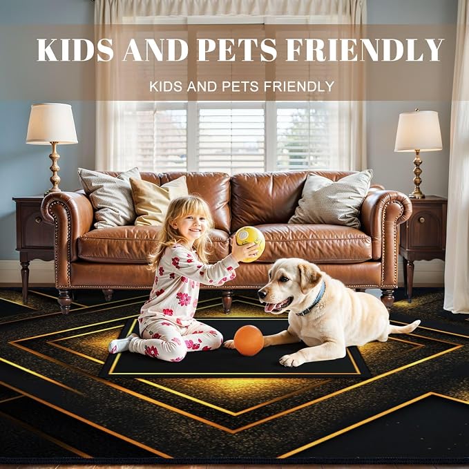 10x14 Area Rugs for Living Room Black Gold Geometric Stripe Decorative Repeated Patterns Radiating Washable Large Area Rug for Bedroom Non Slip Outdoor Carpets Soft Mats Kitchen Home Office Decor