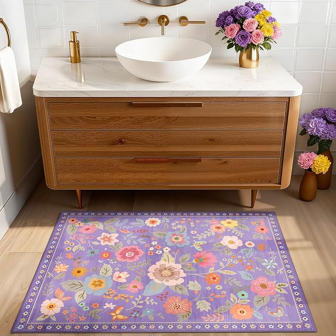 RELEANY Floral Washable 2x3 Area Rugsk Doormat Purple/Pin | Flower Carpet, Print, Boho, Non-Slip, Easy to Clean, Soft, Low Pile for Living Room Bedroom Kitchen Office Entryway Hallway