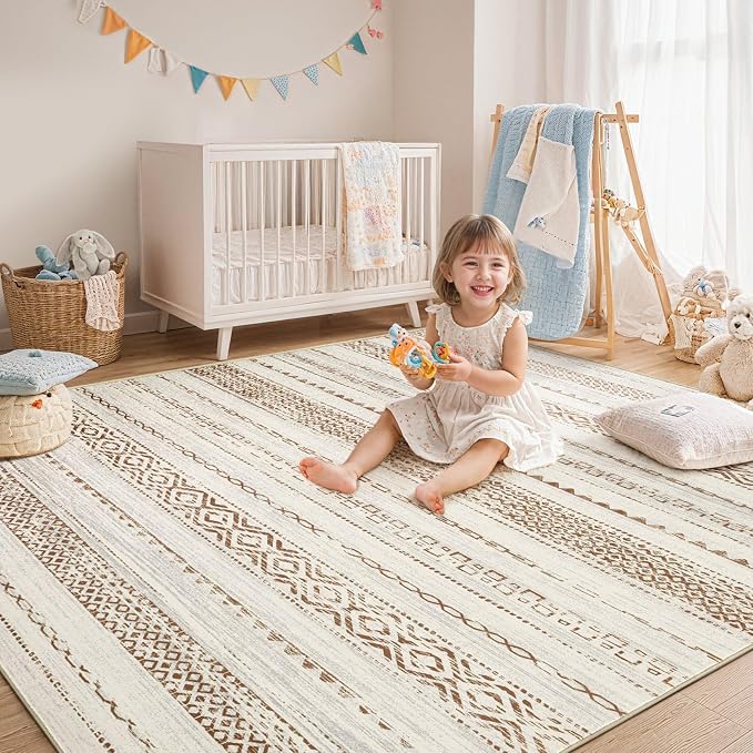 kakania Washable 8x10 Area Rug for Living Room: Boho Geometry Home Decor | Soft Stain Resistant, Low-Pile, Non-Slip, Pet & Kid Friendly, Thin Rug for Bedroom/Dining Room/Kids Dorm - Square Brown