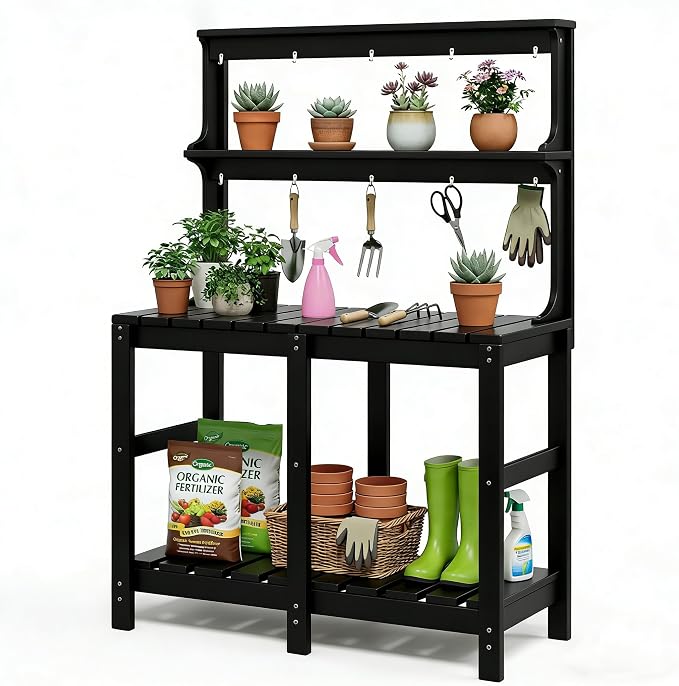 Outdoor Potting Bench with 3 Tier, All-Weather Patio Potting Table with Tool Hooks, HDPE Gardening Table for Backyard, Garden, Black