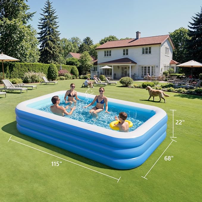 Inflatable Pool for Adults, 115" x 68" x 22" Blow Up Pools, Rectangular Family Swimming Pool