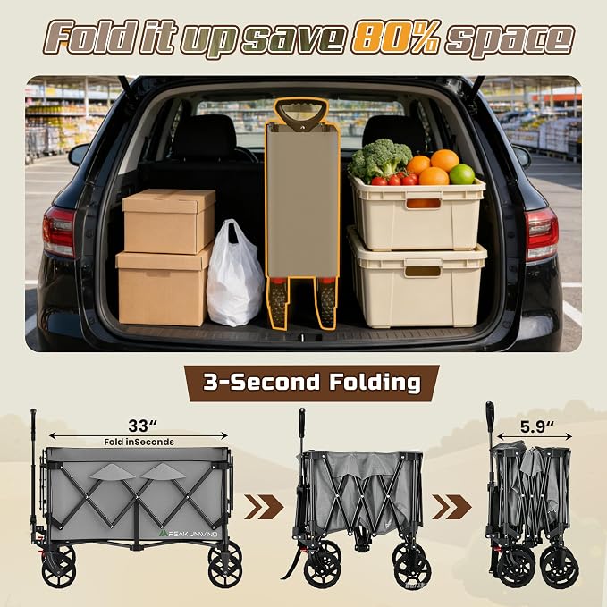 Wagons Carts Foldable,Collapsible Wagon with Wheels,450LBS Heavy Duty Beach Wagon Cart,Lightweight Portable Folding Utility Wagon Cart with Cup Holders for Camping, Garden, Sports, Grocery pcs (Gray)