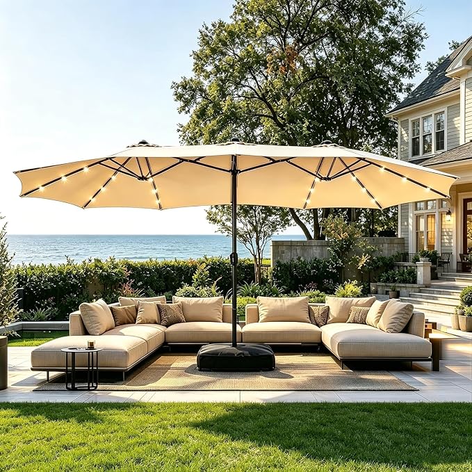 DomeShade 15ft Patio Umbrella with Base Included Solar Lights,Double Umbrella Outdoor Patio Table Umbrella Market Rectangle Umbrellas with 36 LED Lights for Outside Poolside Lawn Backyard,Beige