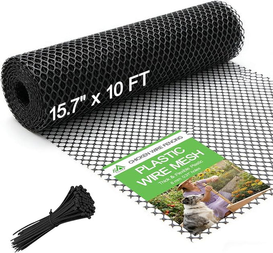 15.7" x 10' Plastic Mesh Fence Roll - Heavy Duty Chicken Wire Mesh Fence - Upgraded Thick Animal Barrier for Garden, Balcony Railing Safety Net, Poultry Netting with 20 Zip Ties, Black