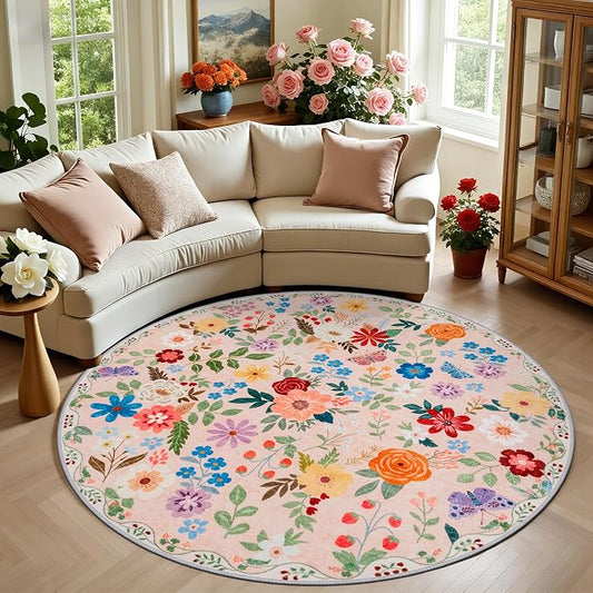 PLHXFR Round Area Rug Living Room: 6 ft Floral Washable Soft Carpet Beige | For Bedroom Dining Room Farmhouse Nursery Hallway,Vintage Floral,Machine washable,Non Slip,Stain Resistant,Large Indoor