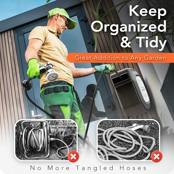 135 ft x 1/2" HOZEREEL Heavy Duty Retractable Garden Hose Reel, Garden Hose Reels Outdoor Organizer- Self Retracting Wall Mount Hose Reel Automatic Recoil Storage, Any Length Lock, 10 Pattern Nozzle