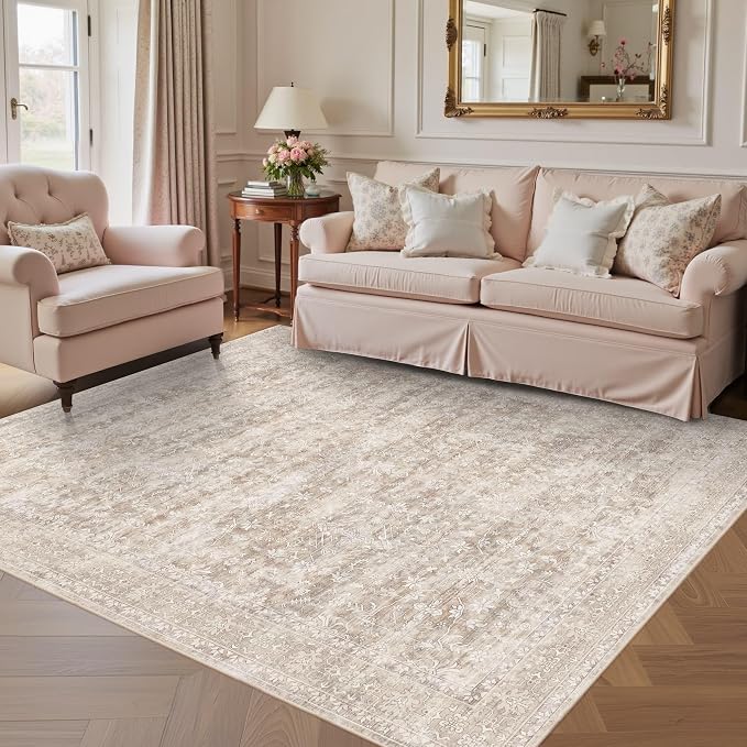 Latte&Fog 5x7 Beige Rug for Living Room，Washable Area Rugs for Bedroom | Non Slip Low Pile Soft Floral Carpet for Dining Kitchen Kids Playroom Nursery Guest Room Classroom Dorm Farmhouse Office