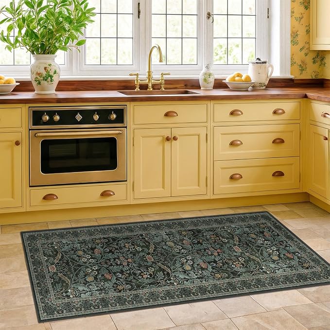 2x5 Runner Rug Non Slip Washable - Small Bathroom Runner Rug Non Slip, Dark Green Floral Pattern Soft Carpet Runner for Entryway Kitchen Bedroom Bedside, Waterproof Mats for Laundry (Olive Green)