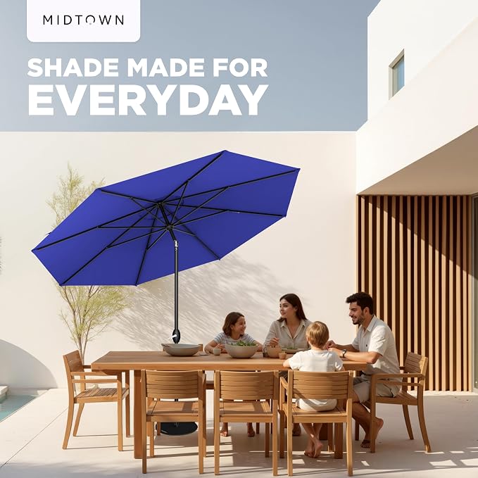 Midtown Umbrellas - 10-Year-No-Fade 8 Ft Patio Umbrella with Terylast Fabric, Auto-Tilt Aluminum Frame and 8 Reinforced Ribs for Deck, Pool, Garden & Beach - Royal Blue Canopy, Black Pole