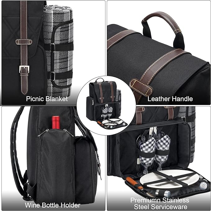 Picnic Backpack for 2 Person with Large Insulated Cooler Bag, Picnic Basket Set with Wine Pouch, Waterproof Picnic Blanket & Cutlery Set. Perfect for Camping, Party,Wedding Gift for Couple.2P-Black