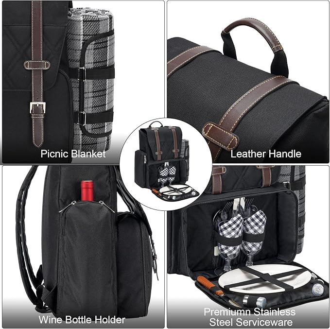 Picnic Backpack for 4 Person with Large Insulated Cooler Bag, Picnic Basket Set with Wine Pouch, Waterproof Picnic Blanket & Cutlery Set. Perfect for Beach, Camping, Party,Wedding Gift for Couple.