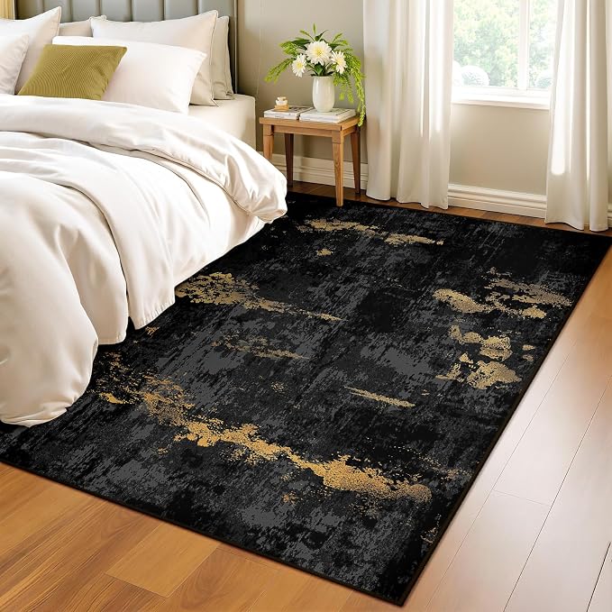 RELEANY Washable 4'x5' Abstract Area Rug for Living Room Black Gold | Carpet for Bedroom, Kitchen, Office, Hallway and Entryway, Printed Pattern, Non‑Slip, Soft, Stain‑Resistant, Easy to Clean