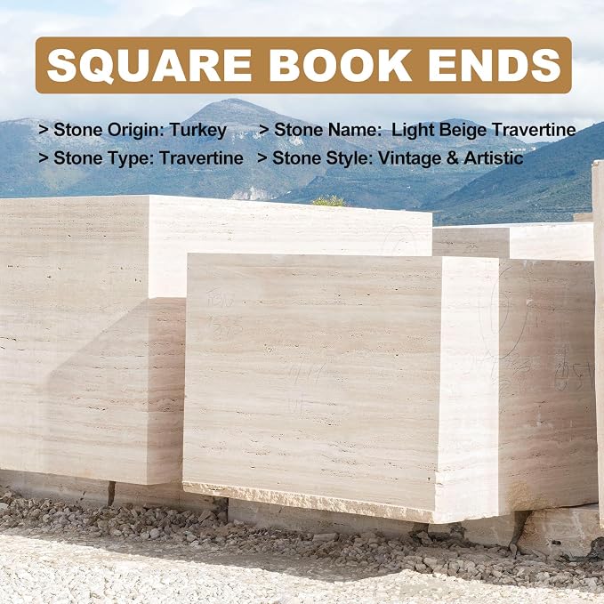 Decorative Square Marble Bookends for Heavy Books – Unique Book Ends for Shelves – Modern Aesthetic Book Holder/Stopper with Non-Slip Pads for Chic Home, Office, or Library Decor(Travertino Turkey)
